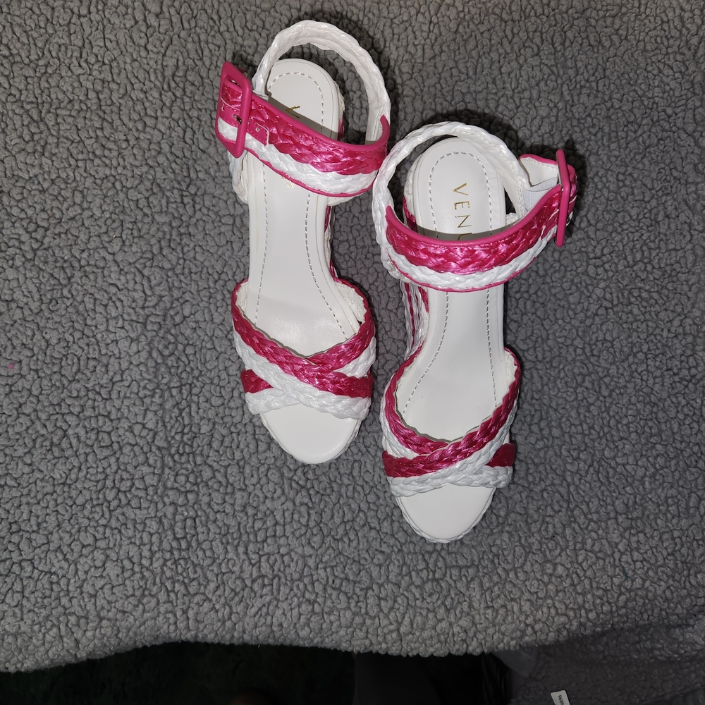 VENUS Pink and White Wedge Sandals - Picture 3 of 5